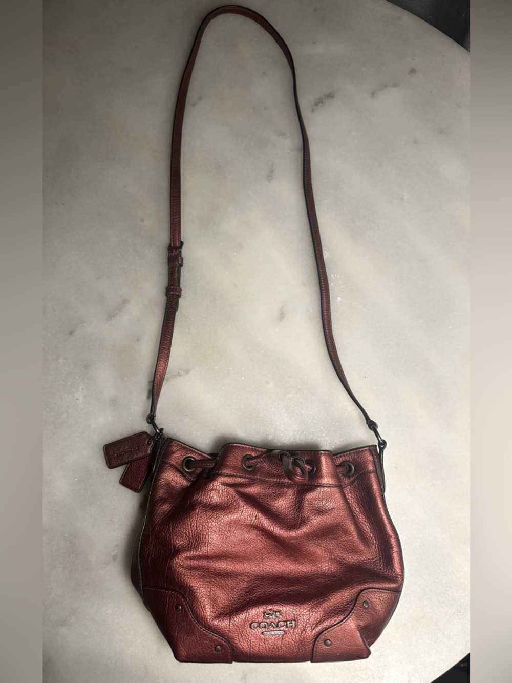 Coach Metallic Red Small Leather Drawstring Bucket Shoulder Crossbody Bag